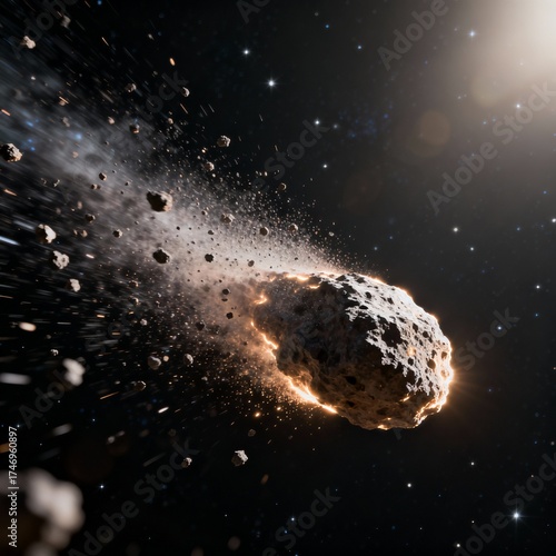 Icy nucleus of 3I/ATLAS emerging from a diffuse, glowing coma of gas and dust, backlit by sunlight, stars in background barely visible, cinematic.