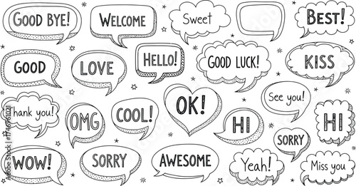 Speech Bubble Set with HandDrawn Style Outlines and Various Text Elements on White