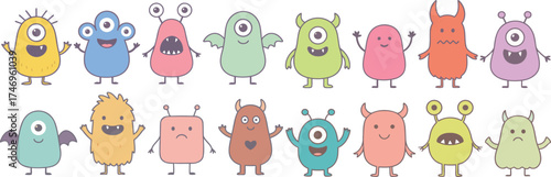 Adorable pastel monster characters set in cute doodle vector style, friendly aliens with eyes, horns, wings and antennas, thin outlines on clean background, playful kids design for stickers