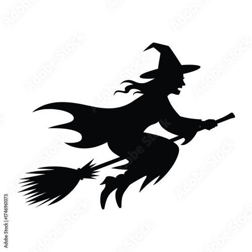 Silhouette of a witch flying on a broomstick against a white background for halloween