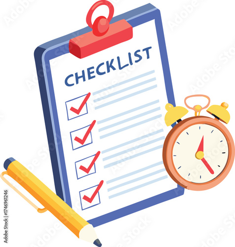 Productivity checklist clipboard with pen and alarm clock symbolizing task completion and time management vector