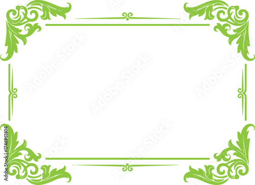 A stylish green ornamental vector frame with symmetrical corner flourishes and fine line accents. This vintage-inspired border design combines classic floral curves with modern minimalism