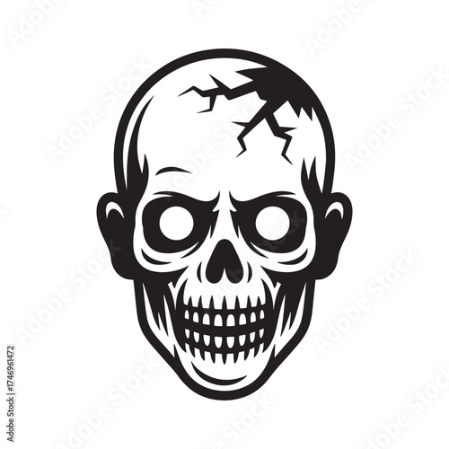 Creepy cracked skull with glowing eyes and grinning teeth in a dark spooky horror illustration