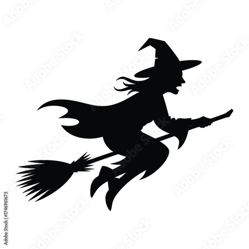 Silhouette of a witch flying on a broomstick against a white background perfect for halloween