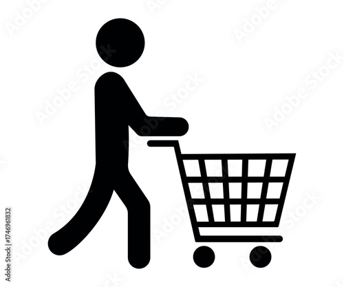 Stickman shopping cart icon, minimal human figure pushing trolley silhouette, black vector illustration for retail, supermarket, and consumer design
