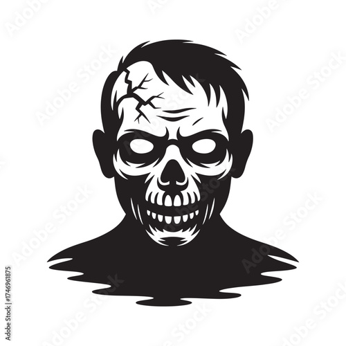Spooky black and white illustration of a creepy zombie head with cracked skull and glowing eyes