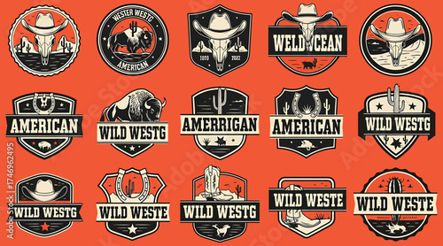 Vector art of a collection of vintage wild west badges and logos featuring buffalo skulls, cowboy hats, and westernthemed elements, perfect for branding, apparel, and rustic designs