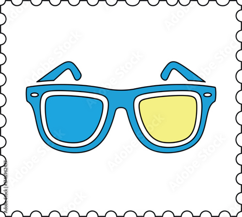 Blue 3D Glasses Icon on Stamp Background