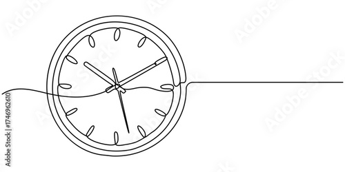 wall clock continuous one line drawing, simple single line vector. outline isolated white background. 