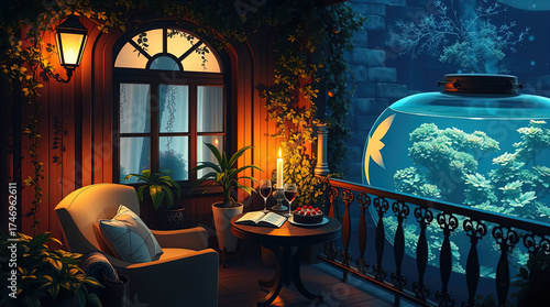 A cozy lounge area with a sofa near the house with an aquarium. A very beautiful and cozy place.