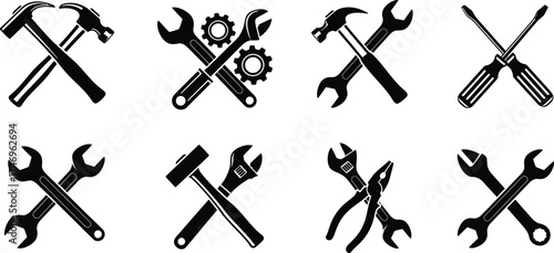 Tools Set Icon Collection Hammer Wrench Gears Screwdriver Pliers in Black on White