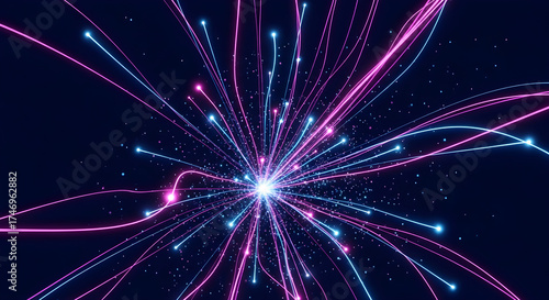 Abstract explosion of glowing neon light trails and particles emanating from a bright central core against a dark background, symbolizing energy and motion