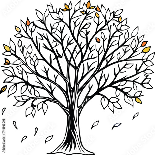 Vibrant autumn tree shedding colorful leaves in a detailed illustration isolated on white background isolated on transparent background