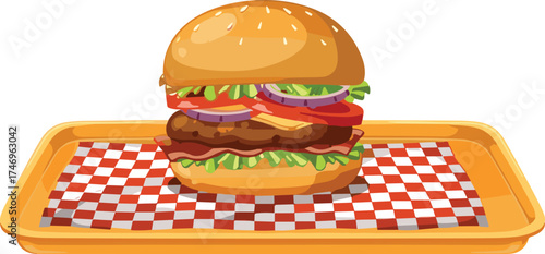 Hamburger on tray, beef patty, sesame bun, lettuce tomato onion, diner style, fast food, tasty meal, classic presentation