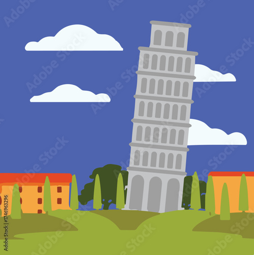 Leaning Tower of Pisa, Italy landmark, historical architecture, famous tourist attraction, European travel destination, blue sky, cultural heritage, iconic tilt