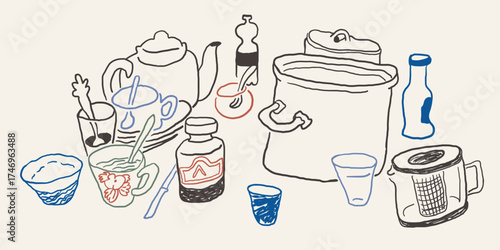dishes on the table in hand drawn style in vector. Element for design advertisement mail posts poster print postcard banner decor backgrounds