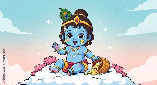 Baby krishna crawling with butter pot in garden, cute hindu deity child illustration, playful divine character in vibrant nature scene with flowers and peacock feather
