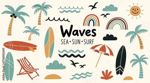 Vector art of a vibrant beach scene with palm trees, surfboards, and waves, inviting you to soak up the sun and enjoy the sea, perfect for a summer getaway and relaxation