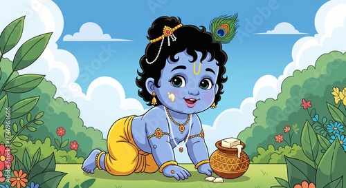 Baby krishna crawling with butter pot in garden, cute hindu deity child illustration, playful divine character in vibrant nature scene with flowers and peacock feather
