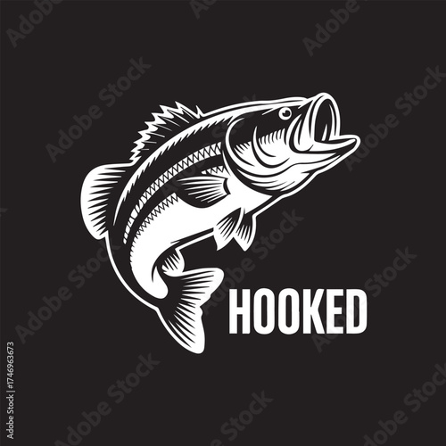 Largemouth Bass Fish Logo with HOOKED Slogan Vector