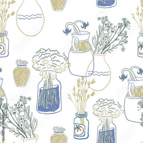 Seamless pattern with flowers in vases in hand drawn style.Element for decoration design mail posts postcards poster print invitation background backdrop wrapping wallpaper banner textile