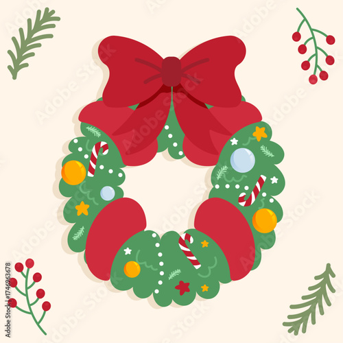Couronne de Noël moderne décorée de branches, boules, nœud rouge et cannes à sucre – Illustration vectorielle festive