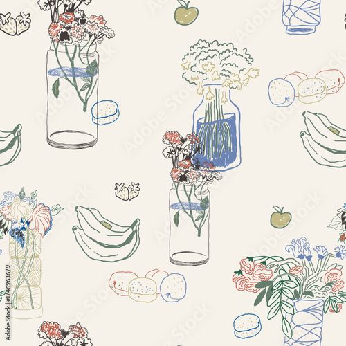 Seamless pattern with flowers and fruits in hand drawn style.Element for decoration design mail posts postcards poster print invitation background backdrop wrapping wallpaper banner textile