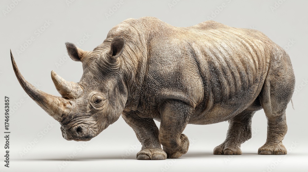 Obraz premium Detailed studio portrait of a white rhinoceros with prominent horns against neutral gray background, showcasing textured skin and powerful physique in professional wildlife photography