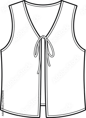 fashion, apparel, garment, clothing, vest, sleeveless, top, blouse, illustration, sketch, vector, design, template, outline, pattern, textile, fabric, vneck, tie, bow, hem