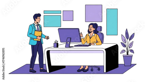Colorful Black Line Drawing – Office Reception Area with Desk, Computer, Receptionist and Employee, Modern Professional Vector Style