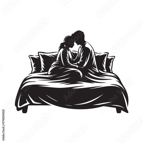 Vector art of silhouette of a couple embracing intimately on a bed, symbolizing love and connection