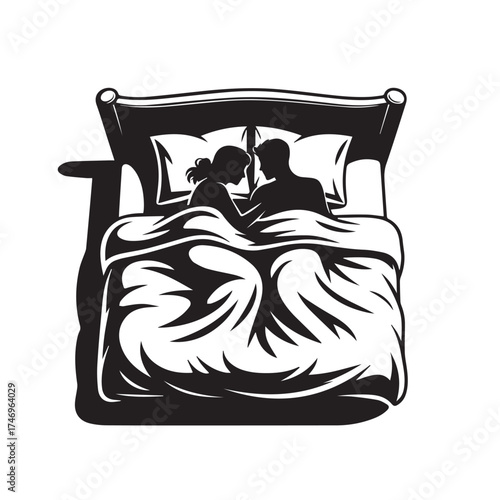 Vector art of silhouette of a couple in bed, holding hands under the covers, conveying intimacy and connection