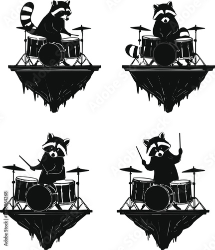 Cartoon raccoons playing drum sets on floating rock platforms, whimsical animal musicians illustration, surreal wildlife band artwork, creative fantasy music performance design
