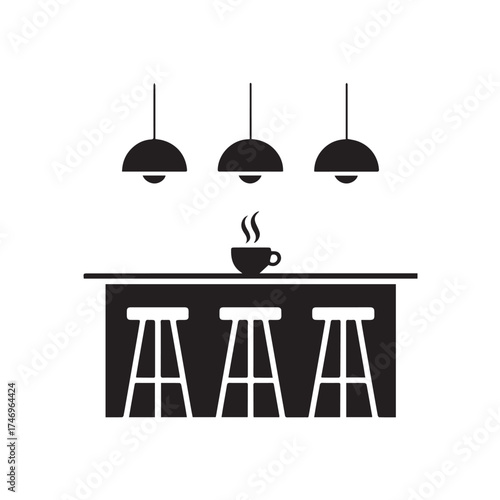 Vector art of modern kitchen counter with three stools and a steaming cup of coffee