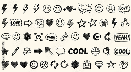 Vector art of a playful assortment of handdrawn doodles, featuring emoticons, symbols, and expressive elements, creating a whimsical and lighthearted collection