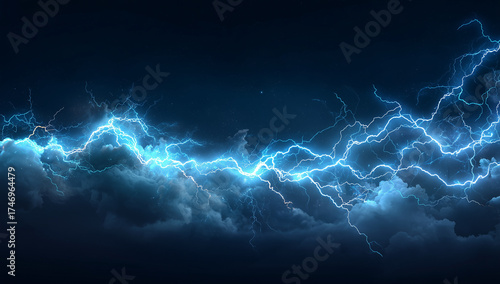 Blue Electric Lightning Strike. Bright Blue Electric Lightning in Dynamic Stormy Night, Glowing blue electric energy streams on dark background, 