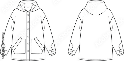 Hooded jacket flat sketch with button front closure, angled pockets, cuff tabs, topstitch details, front and back apparel design illustration