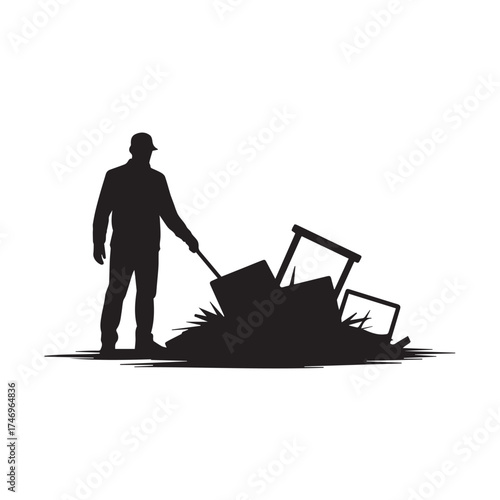 Vector art of silhouette of a man with a shovel clearing debris and trash