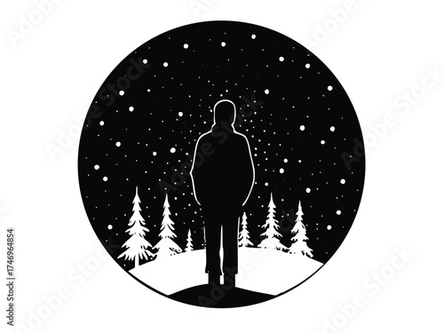 Vector art of person standing in winter landscape under starry sky