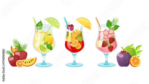 Diverse PNG set of refreshing tropical cocktails with fruit, citrus, berries, herbs and ice isolated on transparent background. Concept of summer party, exotic drinks, clipart, bar design.vector icon