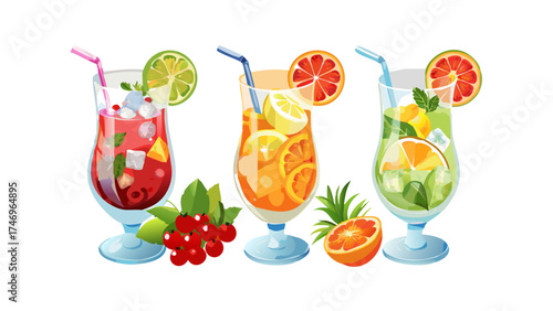 Diverse PNG set of refreshing tropical cocktails with fruit, citrus, berries, herbs and ice isolated on transparent background. Concept of summer party, exotic drinks, clipart, bar design.vector icon