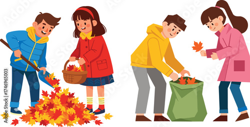Happy children collecting autumn leaves, kids cleaning the yard in fall season, outdoor activity, teamwork, family fun, nature, and environment