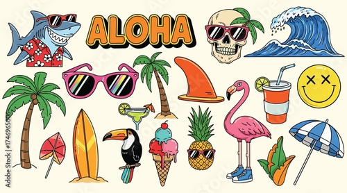 Vector art of a vibrant collection of tropicalthemed stickers featuring a shark, skull, wave, palm tree, sunglasses, surfboard, toucan, pineapple, flamingo, cocktail, ice cream, and umbrella