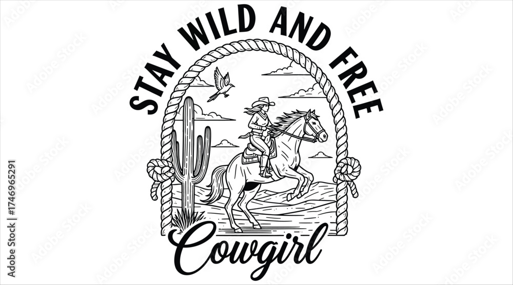Obraz premium Vector art of a vintagestyle cowgirl design featuring a woman riding a horse in a desert landscape with cacti and the text stay wild and free and cowgirl