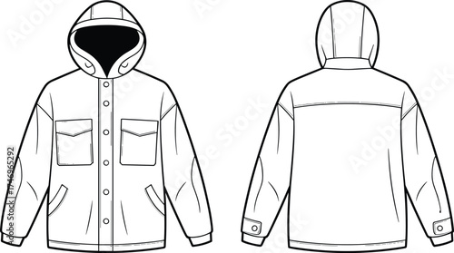 Hooded jacket flat sketch with button placket, chest flap pockets, side pockets, cuffed sleeves, yoke back detail, apparel design illustration