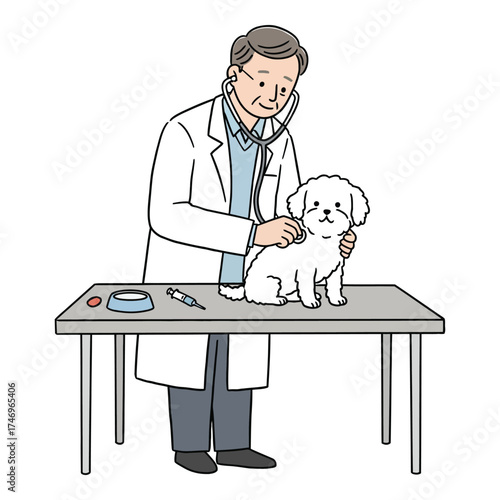 Hand Made Veterinarian examining a small white dog with a stethoscope on an examination table vector illustration isolated on white background