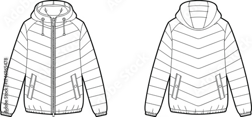 Hooded puffer jacket flat sketch with chevron and horizontal quilted stitching, zipper front, flap pockets, elastic cuffs, apparel design illustration