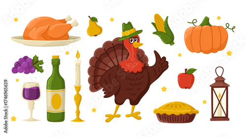 Thanksgiving vector set with turkey, pumpkin, pie, roasted chicken, wine, candle, lantern, grapes, corn, apple, and pear. Festive holiday illustration.