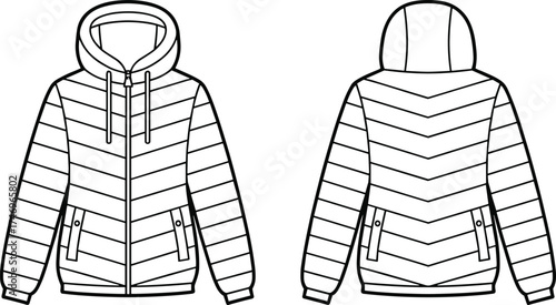 Hooded puffer jacket flat sketch with quilted stitching, zipper front, flap pockets, drawstring hood, elastic cuffs, front and back illustration