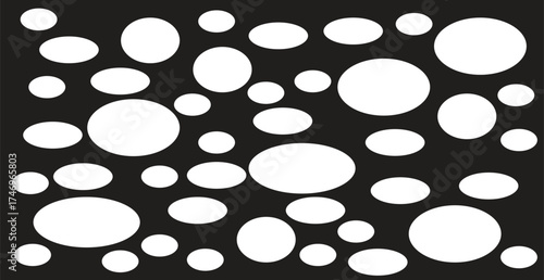 Abstract pattern of white ovals and circles scattered across a dark canvas